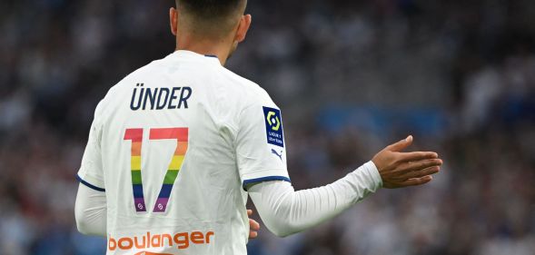 Marseille's Turkish forward Cengiz Under gestures during the French L1 football match between Olympique Marseille (OM) and SCO Angers at Stade Velodrome in Marseille, southern France, on May 14, 2023.