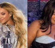 Beyoncé performs onstage during the “RENAISSANCE WORLD TOUR” at PGE Narodowy on June 27, 2023 in Warsaw, Poland (left) and Lizzo looking emotional as her name is called out