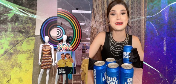 This is a side by side image of Dylan Mulvaney holding up cans of Bud Light on one side and a retail display of Pride merchandise at a Target store.