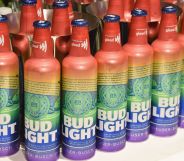 A colection of Pride-themed Bud Light bottles.