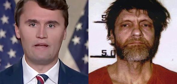 A split image of right-wing pundit Charlie Kirk and Unabomber Ted Kaczynski.