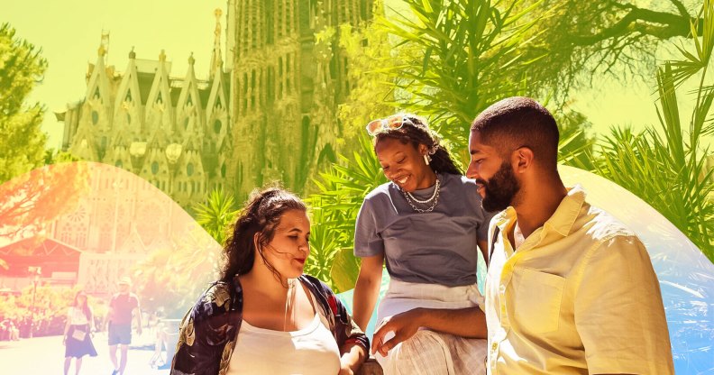 Shannon Rosanna on a Contiki Pride trip with two friends outside the Sagrada Familia in Barcelona