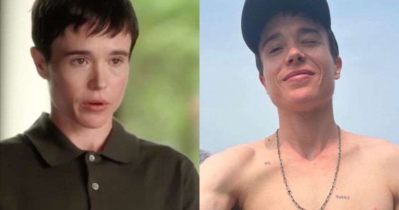 On the left, a still from Elliot Page's upcoming ABC News interview. On the right, Elliot Page poses topless for a selfie.