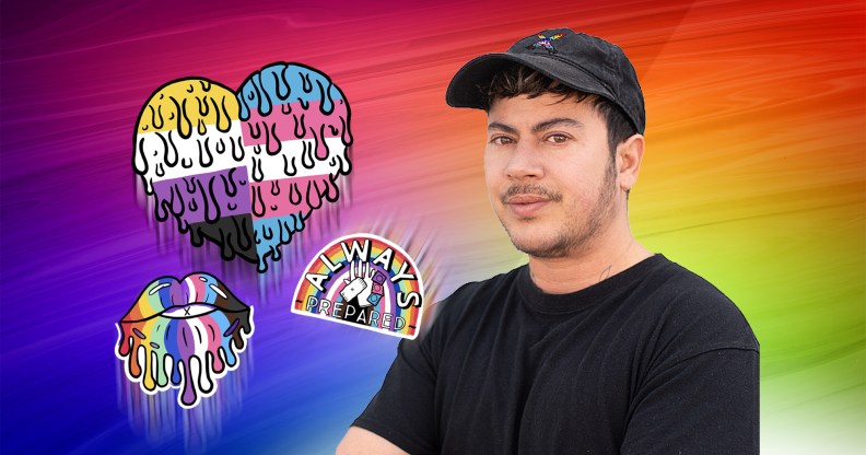 A composite image of artist Fox Fisher next to a series of illustrations that form part of his Pride collaboration with Durex