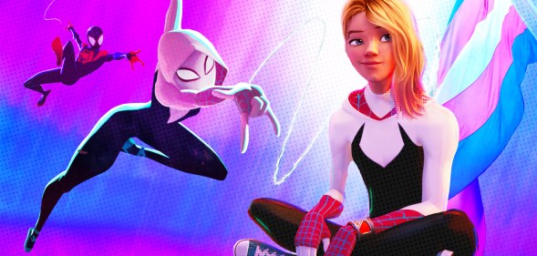 An edited image of Gwen Stacy from Spider-Man: Across the Spider-Verse next to the trans Pride flag.