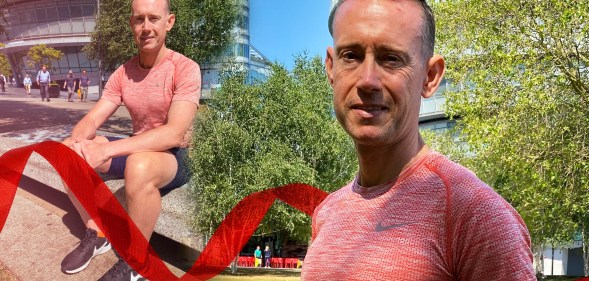 A composite image of Noel Watson sitting down (left) and in close-up while wearing a pink sports top