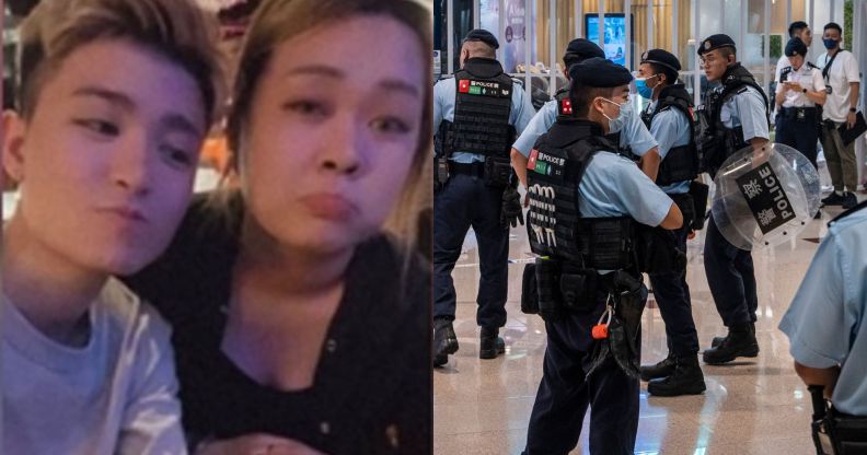 A split image of the Hong Kong couple murdered on Friday and police investigating the scene.