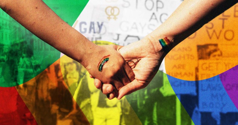 The graphic shows two people holding hands against a Pride and Irish flag coloured backdrop.