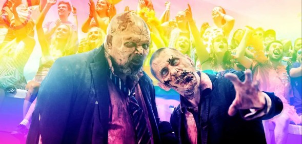 Zombies from The Walking Dead against a rainbow background.