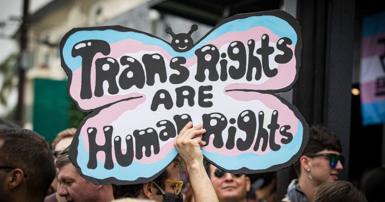 Person holds up a sign reading "trans rights are human rights"