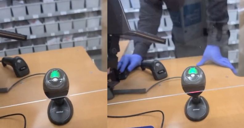 A split image of a pharmacy counter, with the right image featuring the torso of a pharmacist.