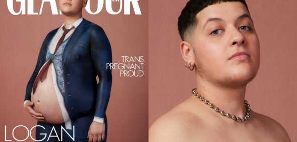 Logan Brown, a pregnant trans man, wearing a body paint suit on the cover of Glamour. The magazine title is behind his head and the cover says 'trans pregnant and proud'.