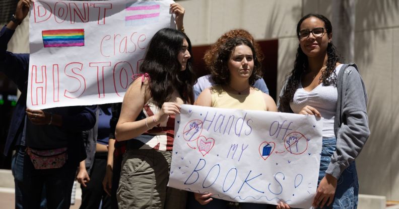 Students gather in support of LGBTQ+ inclusive education and trans-inclusive policies in schools in the US