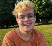 Beckett Seaton-Bailey, a young white transmasc person with bleach blonde hair