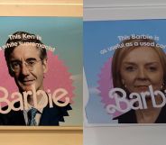 A split image of posters spotted on the London Underground with a picture of Jacob Rees-Mogg and a picture of Liz Truss, both reading "This Ken is a white supremacist" and "This Barbie is as useful as a used condom."