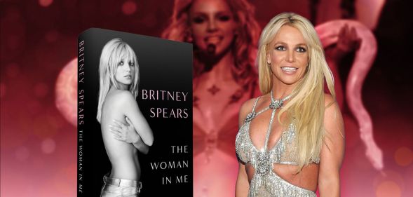 An image showing Britney Spears alongside the cover of her new memoir The Woman In Me.