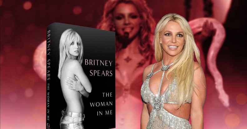 An image showing Britney Spears alongside the cover of her new memoir The Woman In Me.
