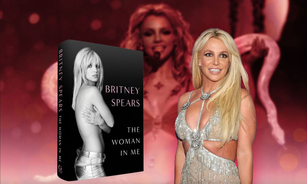 An image showing Britney Spears alongside the cover of her new memoir The Woman In Me.