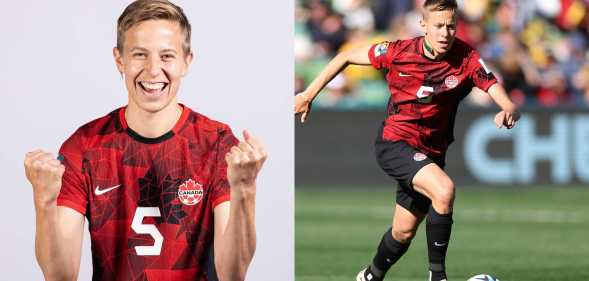 Canadian footballer Quinn wears a red and black uniform as they chase a football along the field at the 2023 Women's World Cup