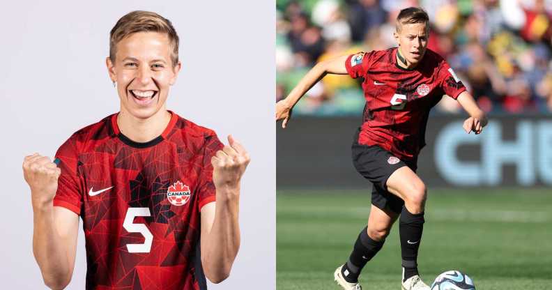 Canadian footballer Quinn wears a red and black uniform as they chase a football along the field at the 2023 Women's World Cup