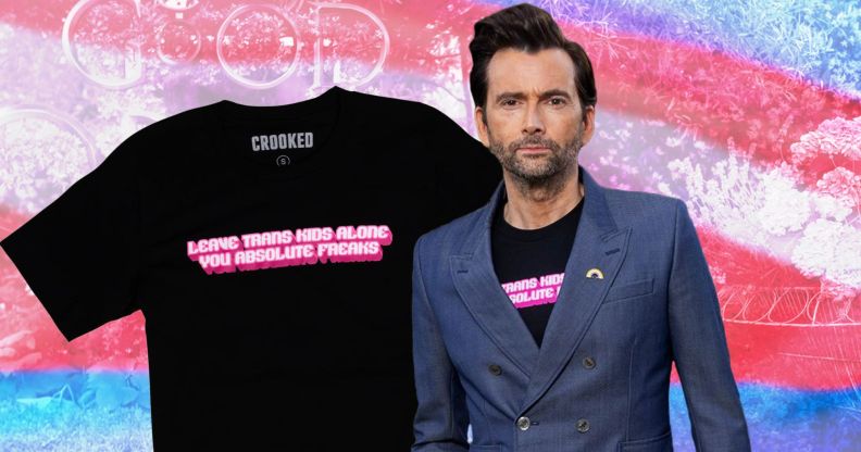 An image showing David Tennant wearing a t-shirt with a message of support for trans youth on it.