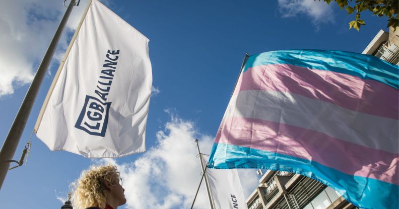 An LGB Alliance flag stands next to a trans flag, pointing towards the sky.