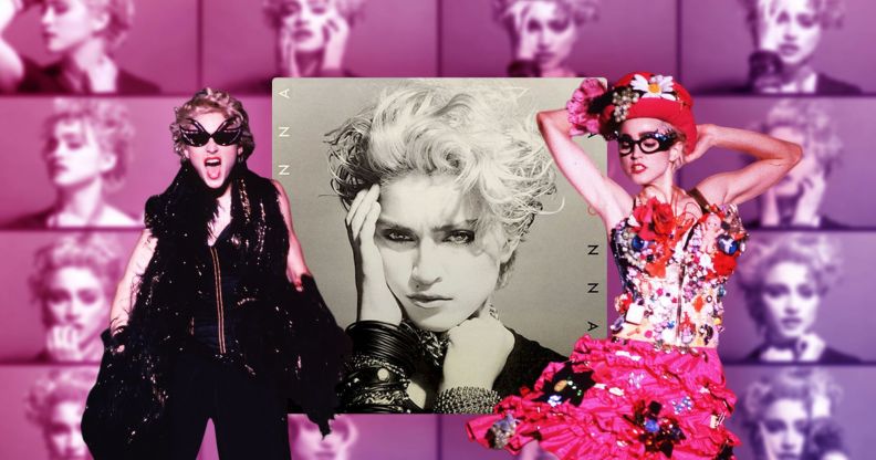 A composite featuring Madonna's debut album cover, and two images of Madonna performing.