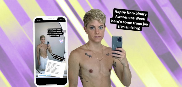 An image showing Mae Martin's recently shared topless selfie in celebration of non-binary awareness week.