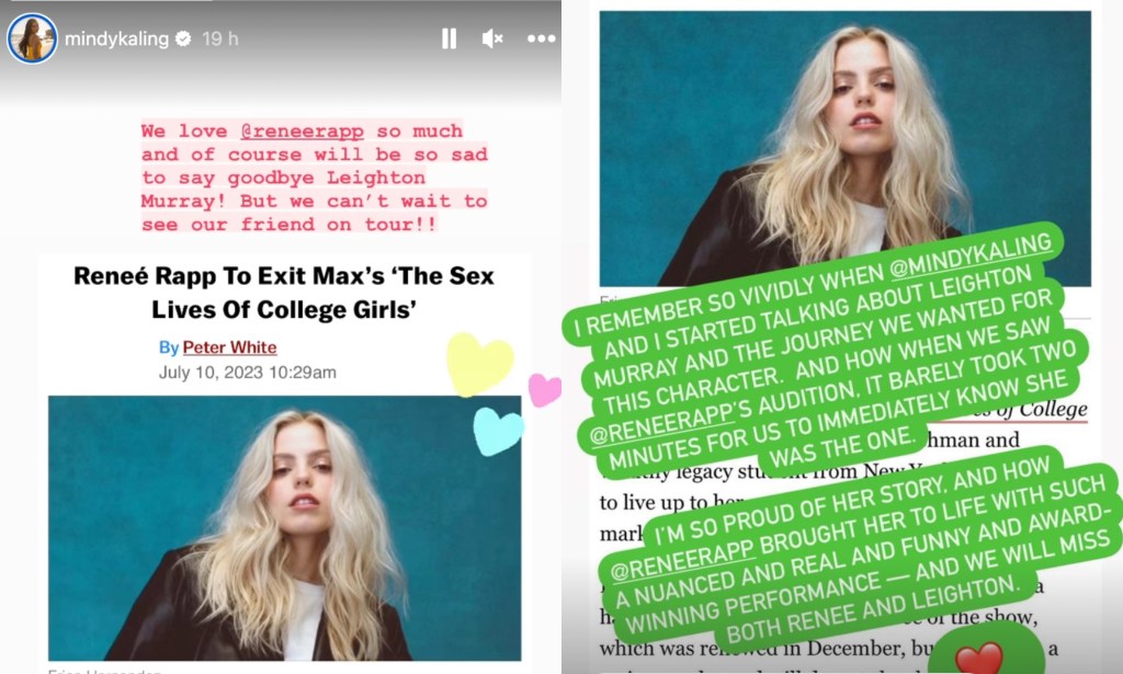 Mindy Kaling (L) and Justin Noble (R) address Renée Rapp's exit on Instagram story.