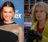 On the left, Rebecca Romijn in a black and silver dress. On the right, Rebecca Romijn as her Ugly Betty character Alexis Meade.