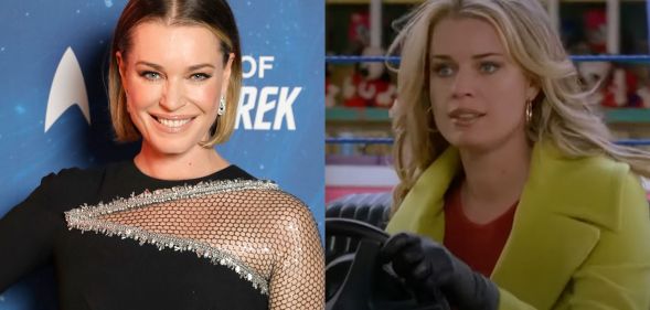 On the left, Rebecca Romijn in a black and silver dress. On the right, Rebecca Romijn as her Ugly Betty character Alexis Meade.