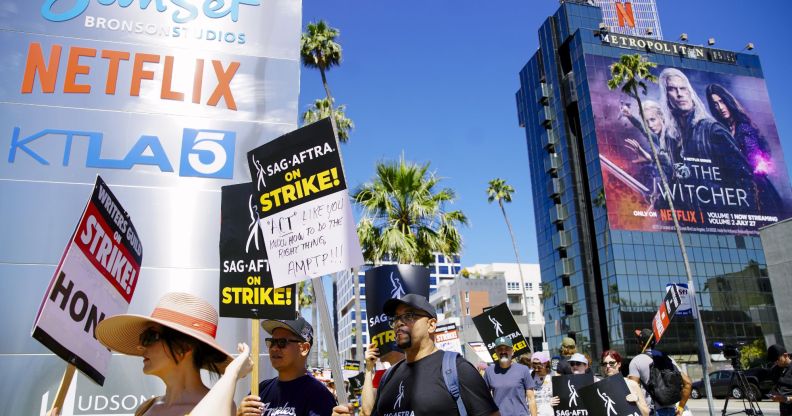 SAG-AFTRA members strike in Los Angeles.