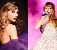 The album cover of Taylor Swift's Speak Now Taylor's Version, and Taylor Swift performing on the Speak Now tour.