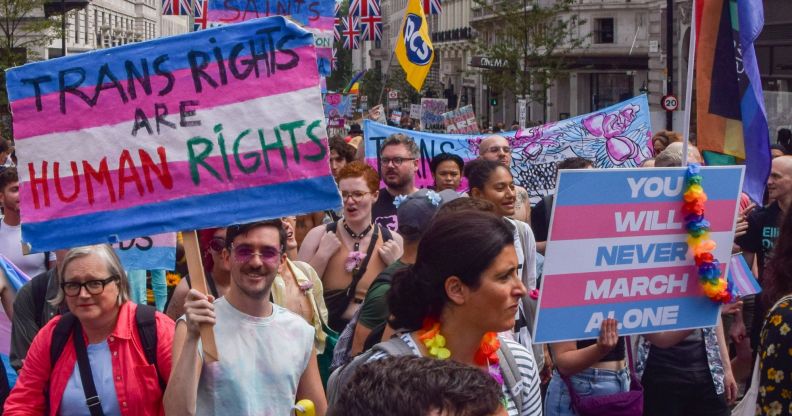 A crowd of trans rights protestors hold signs of pro-LGBTQ+ messages, including "trans rights are human rights."