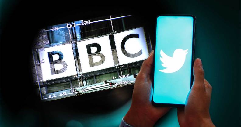 The BBC logo and a phone with a TWitter logo