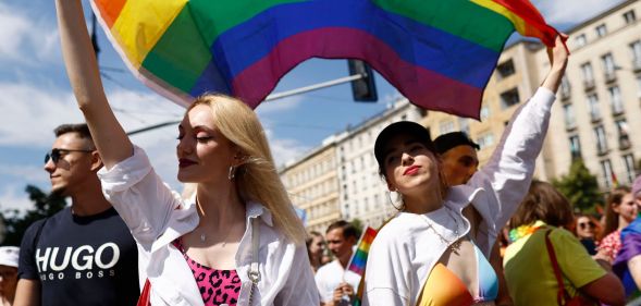 Participants marching in Warsaw Pride in 2022 – the event was held on behalf of Kyiv Pride due to the war. Liverpool will host the 2023 event.