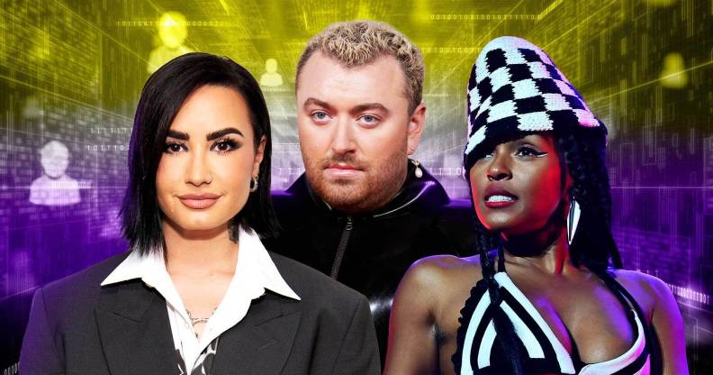 The image shows Demi Lovato, Sam Smith and Janelle Monae pictured against a backdrop set in the non-binary flag colours.