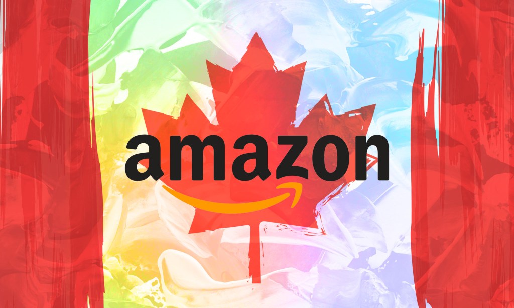 This is an artistic image of the Amazon logo on top of the Canadian Maple Leaf.