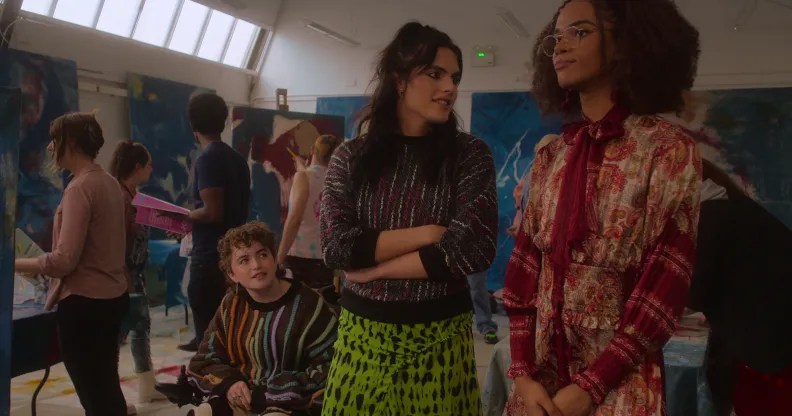 Bel Priestley as Naomi (centre), Ash Self as Felix (left) and Yasmin Finney as Elle in Heartstopper season 2 on Netflix