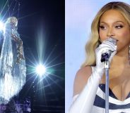 A split image of Beyoncé suspended by wires on the left and her singing on the right.