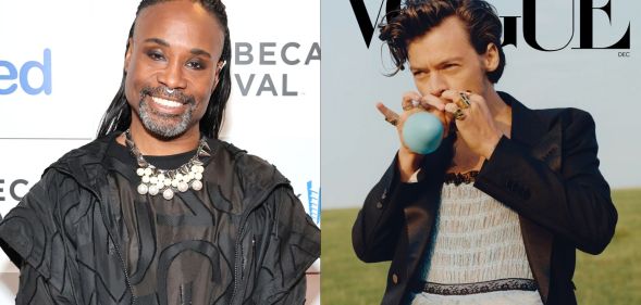 On the left, Billy Porter. On the right, Harry Styles on Vogue in 2020.