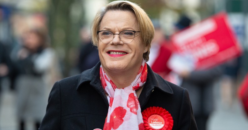 NEWPORT, WALES - DECEMBER 04: Eddie Izzard, comedian and political activist, visits Newport to show support for Ruth Jones, Labour Party candidate for Newport West and Jessica Morden, Labour Party candidate for Newport East on December 4, 2019 in Newport, Wales. The UK will go to the polls on December 12, the third General Election in less than five years. (Photo by Matthew Horwood/Getty Images)