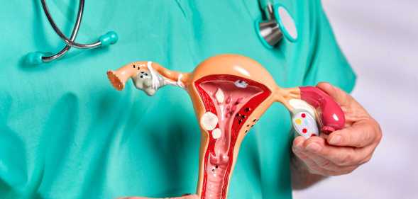 Gynecologist holding teaching tool model of women's uterus and ovary and discussing the common diseases associated with women's health. Dressed in green scrubs