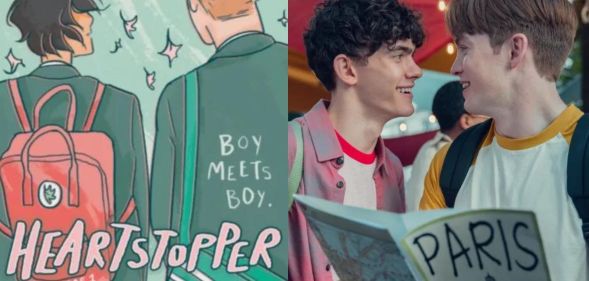 On the left, the cover of Alice Oseman's graphic novel Heartstopper volume 1. On the right, Joe Locke and Kit Connor as Charlie Spring and Nick Nelson in Heartstopper season 2