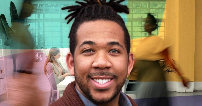 This is an image of JAKE Small. He has his hair in dreads and is smiling. He is superimposed on a colourful graphic depicting Gen Z in the workplace.