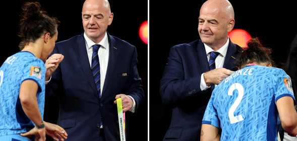 Lucy Bronze appears to snub FIFA boss Gianni Infantino during the 2023 Women's World Cup final's medal ceremony.