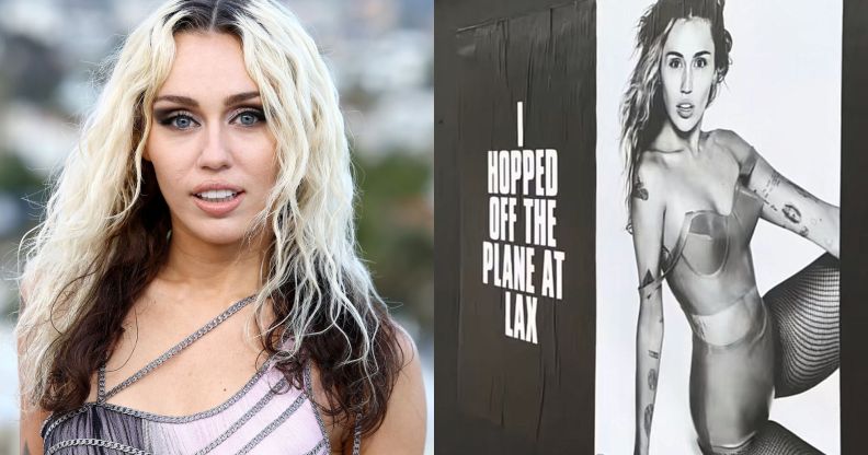 On the left, Miley Cyrus wearing a purple top with silver chains. On the right, a still from a TikTok showing Miley Cyrus posters teasing new music.