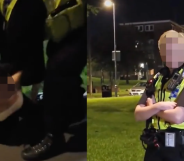 Pixelated images show police officer arresting girl