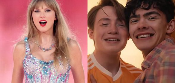 On the left, Taylor Swift performing on her Eras Tour. On the right, Nick and Charlie in Heartstopper.