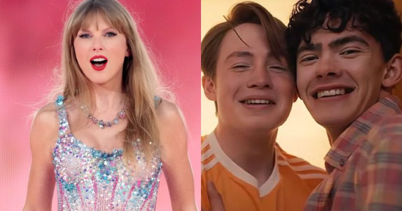 On the left, Taylor Swift performing on her Eras Tour. On the right, Nick and Charlie in Heartstopper.